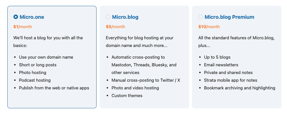 Micro.one, Micro.blog and Micro.blog premium plans