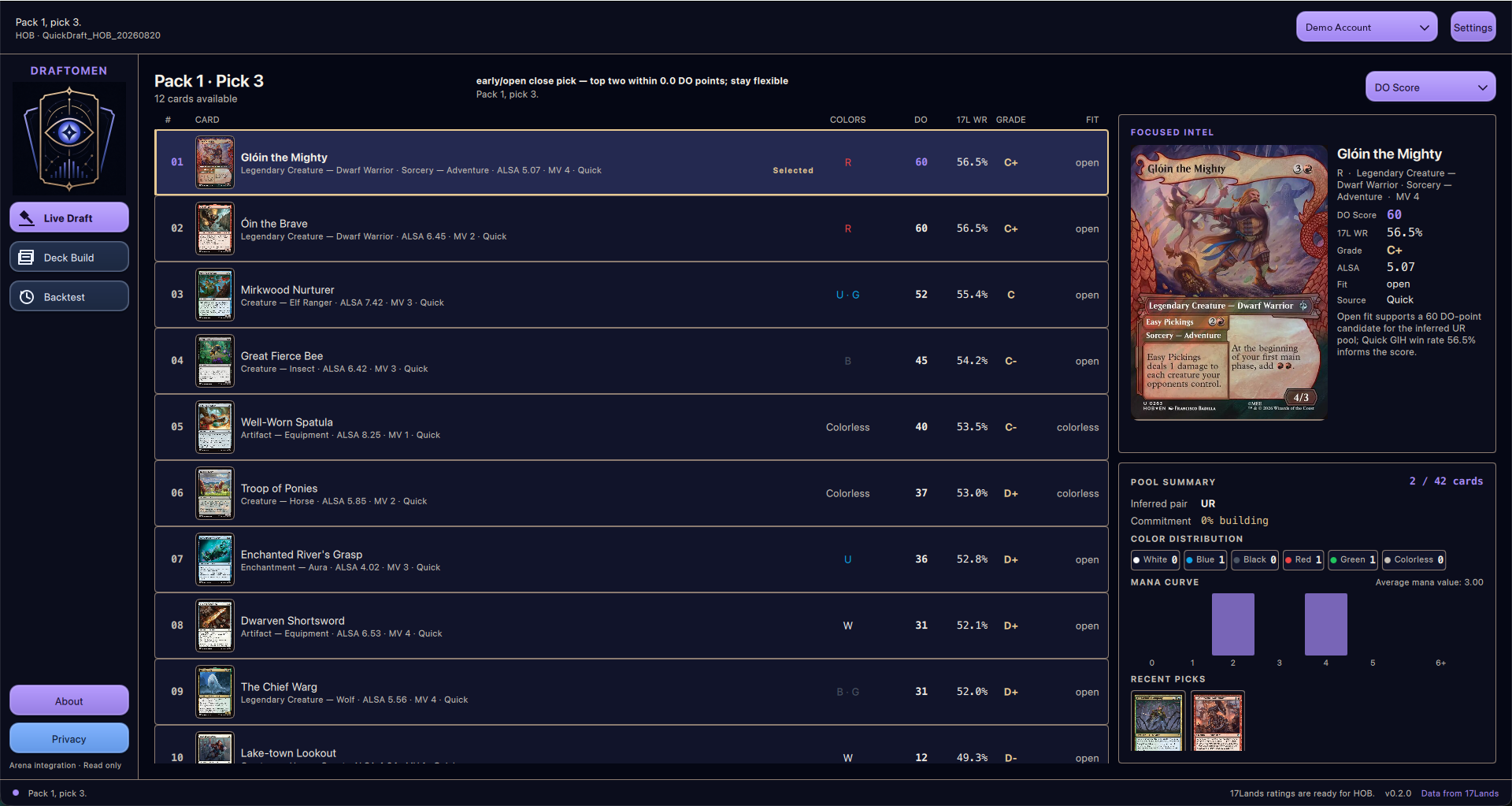 Draft Omen pick view showing ranked cards for pack 1, pick 3