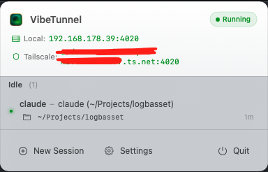 VibeTunnel status from the menu bar